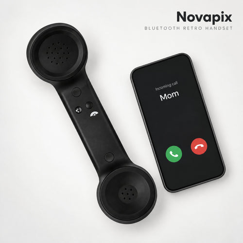 Novapix Bluetooth Retro Handset in Black next to a phone showing an incoming call