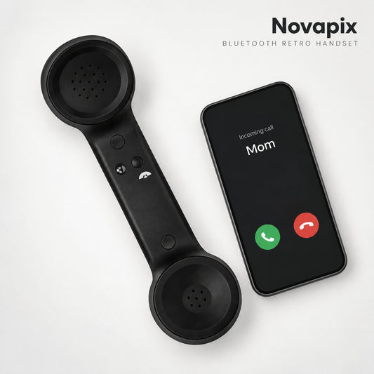 Novapix Bluetooth Retro Handset in Black next to a phone showing an incoming call