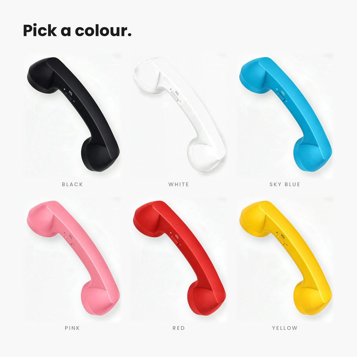 Novapix Bluetooth Retro Handset colour range: Black, White, Sky Blue, Pink, Red and Yellow