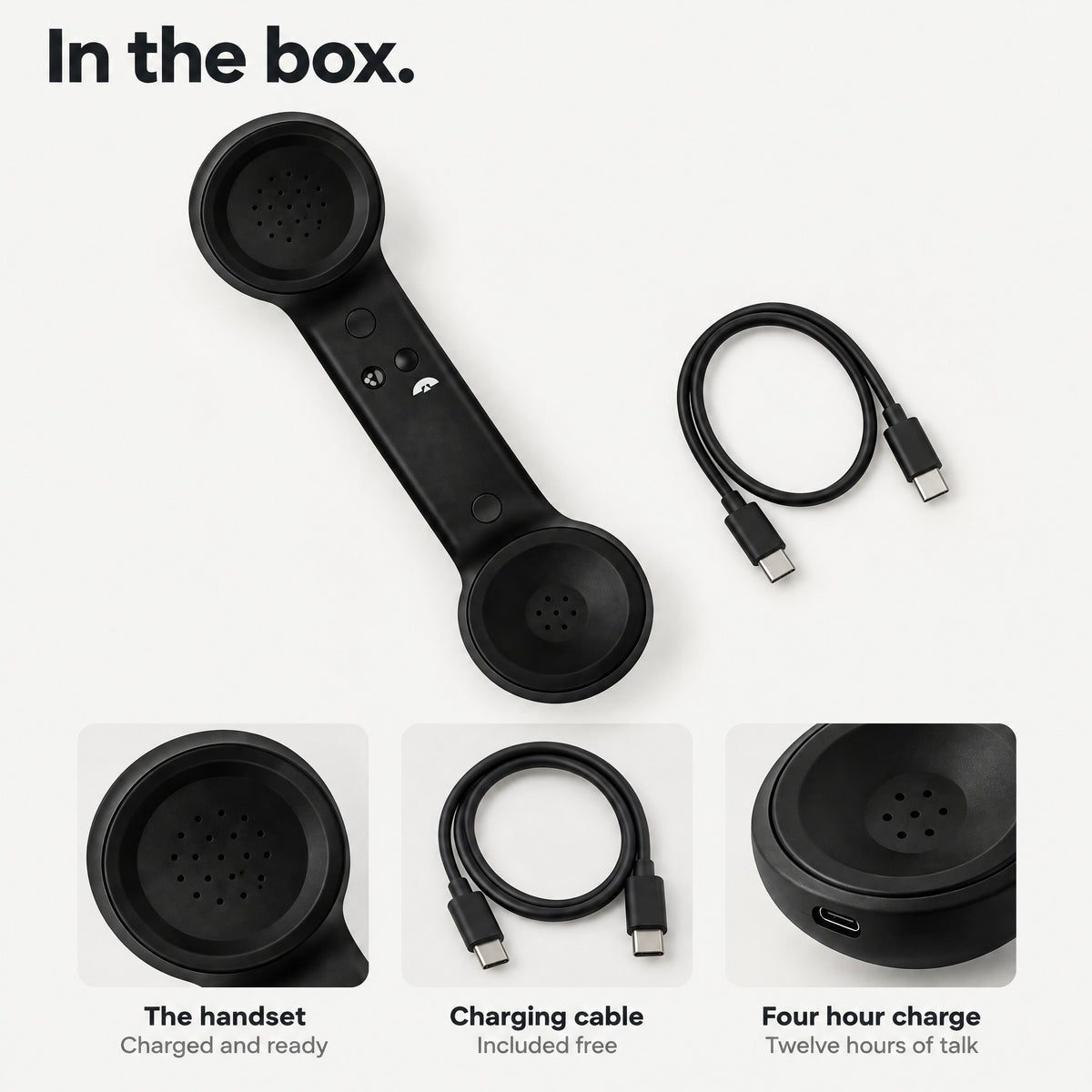 In the box: the Novapix Bluetooth Retro Handset and its USB-C charging cable, included free