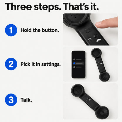 Three steps to pair the Novapix Bluetooth Retro Handset: hold the button, pick it in settings, talk
