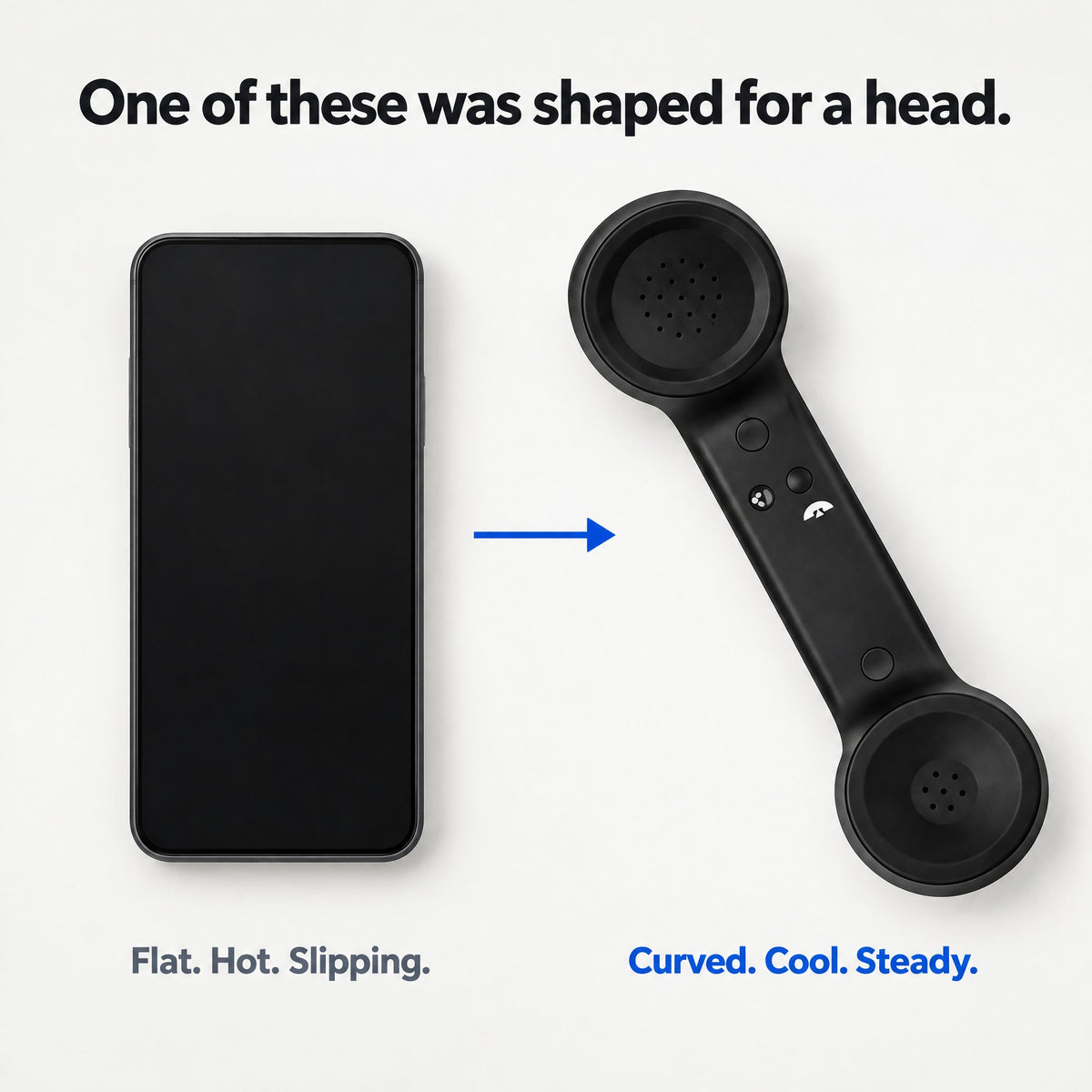 A flat phone next to the curved Novapix Bluetooth Retro Handset: one of these was shaped for a head
