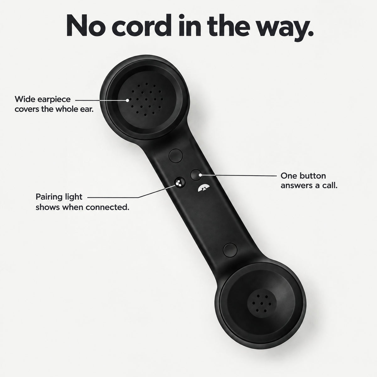 Novapix Bluetooth Retro Handset annotated: wide earpiece, pairing light, one button answers a call, no cord in the way