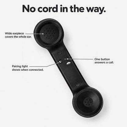 Novapix Bluetooth Retro Handset annotated: wide earpiece, pairing light, one button answers a call, no cord in the way