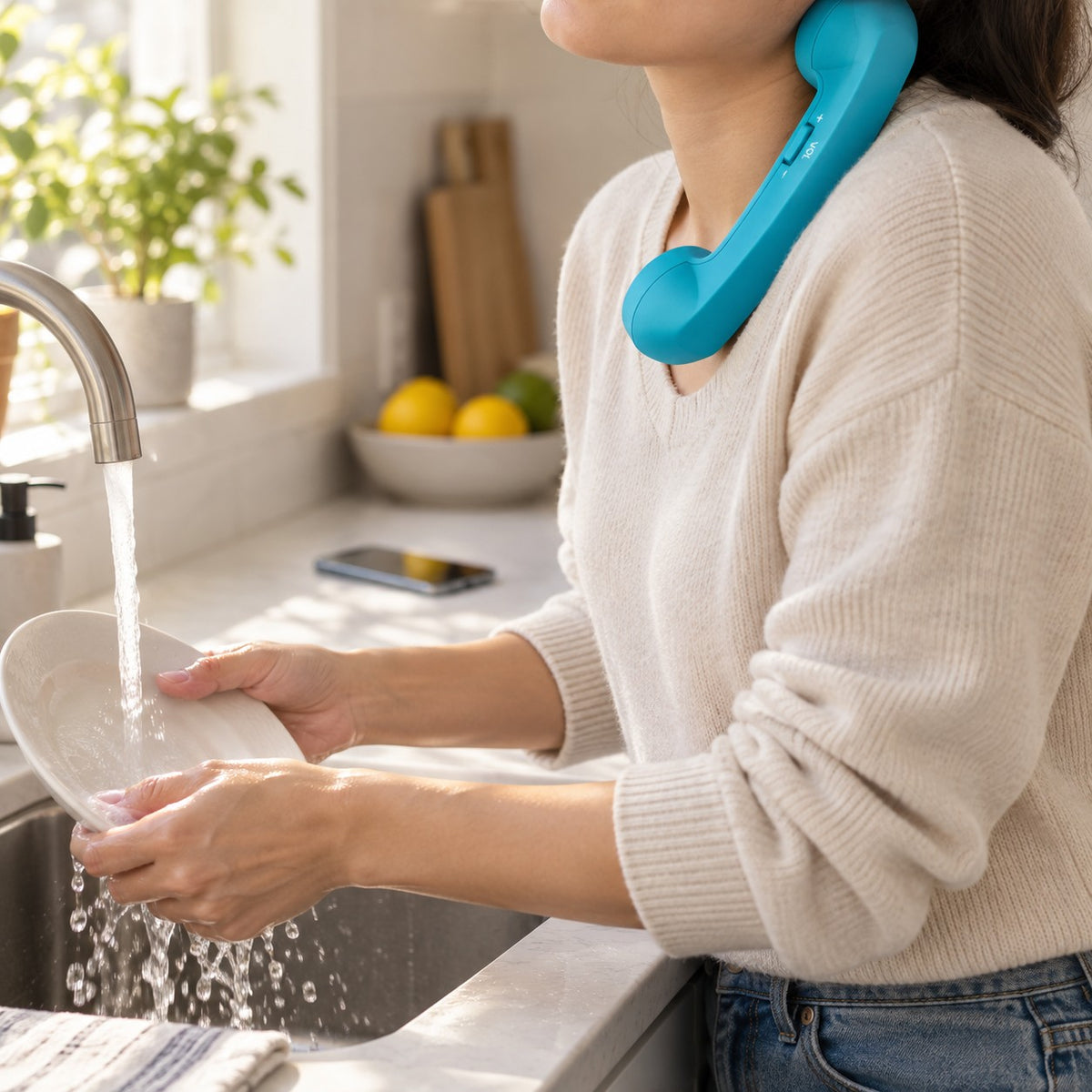 Washing up with the Sky Blue Novapix Bluetooth Retro Handset tucked on a shoulder, phone on the counter