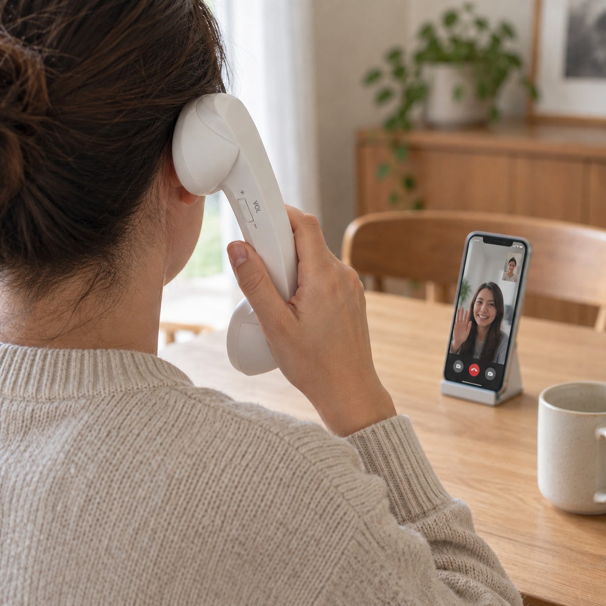 Holding the White Novapix Bluetooth Retro Handset on a video call, phone propped on the table