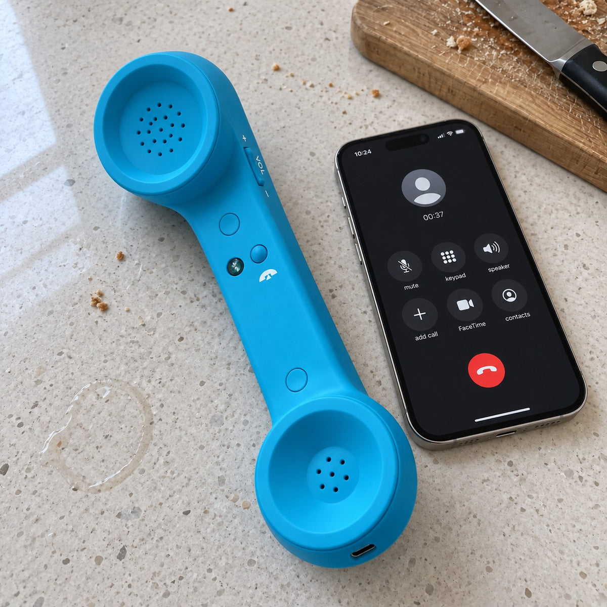 Customer photo: Sky Blue Novapix Bluetooth Retro Handset on a kitchen counter next to a phone on a call