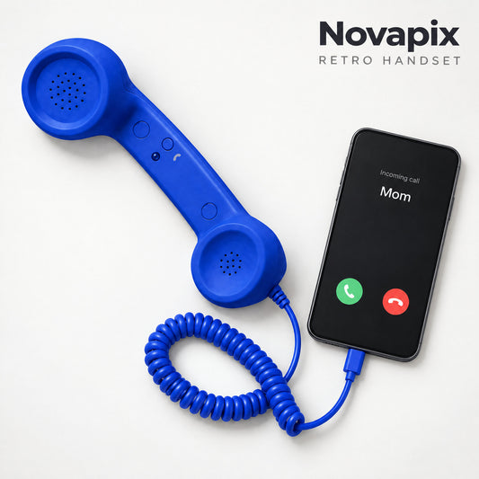 Novapix Retro Handset: royal blue retro handset with coiled cord plugged into a smartphone showing an incoming call from Mom