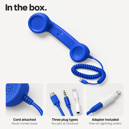 Novapix Retro Handset: royal blue retro handset with coiled cord, plus close-ups of the cord joint, three plug types and a Lightning adapter