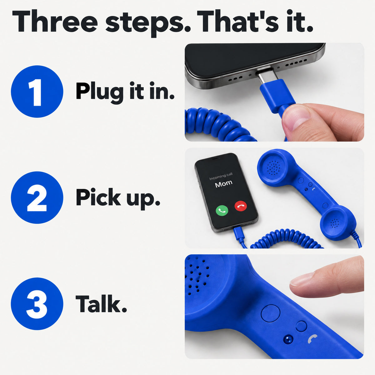 Novapix Retro Handset: three setup steps: cord plugged into a phone, incoming call beside the handset, finger pressing a handset button