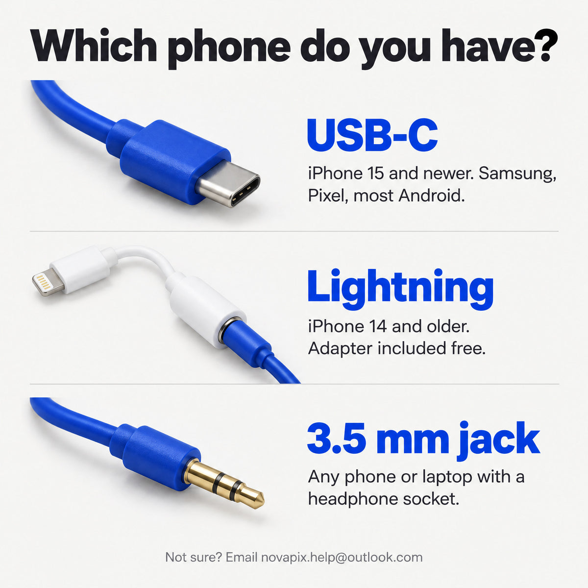 Novapix Retro Handset: USB-C plug, Lightning adapter with 3.5 mm plug, and 3.5 mm jack, each labelled with the phones it fits
