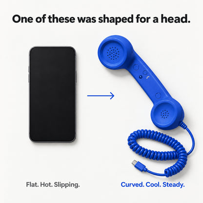 Novapix Retro Handset: a smartphone with a dark screen beside an arrow pointing to a royal blue retro handset with coiled cord