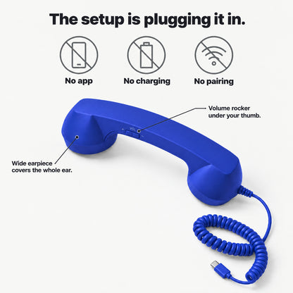 Novapix Retro Handset: side view of a royal blue retro handset with volume rocker and coiled cord ending in a USB-C plug