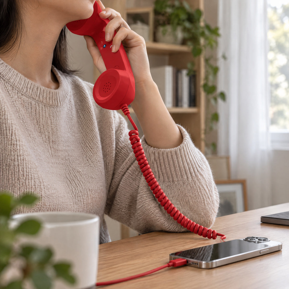 Woman in a beige sweater holds a red corded handset to her ear at a desk; its coiled cord plugs into a smartphone