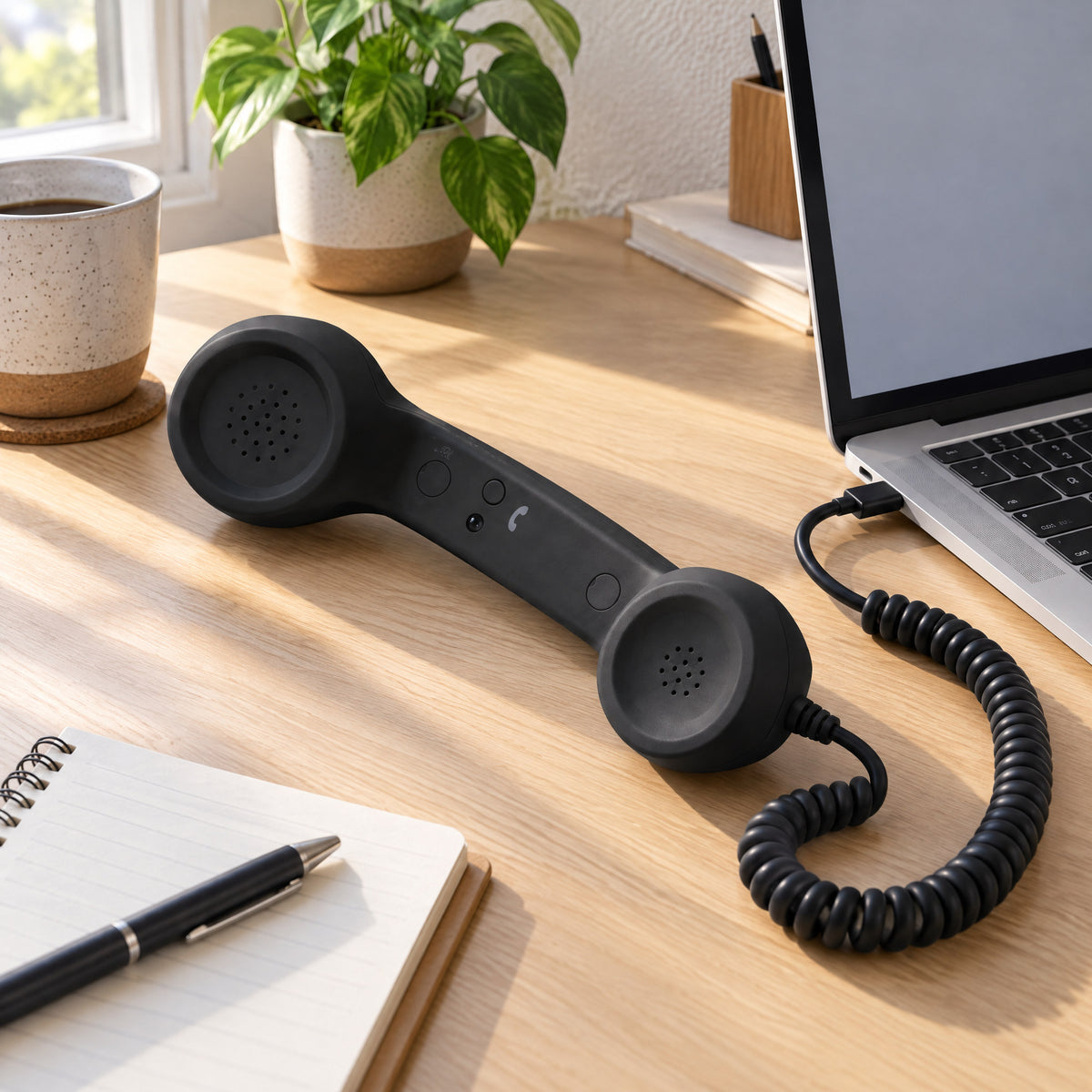 Black corded handset lying on a wooden desk, its coiled cord plugged into a laptop beside a mug, plant and notebook