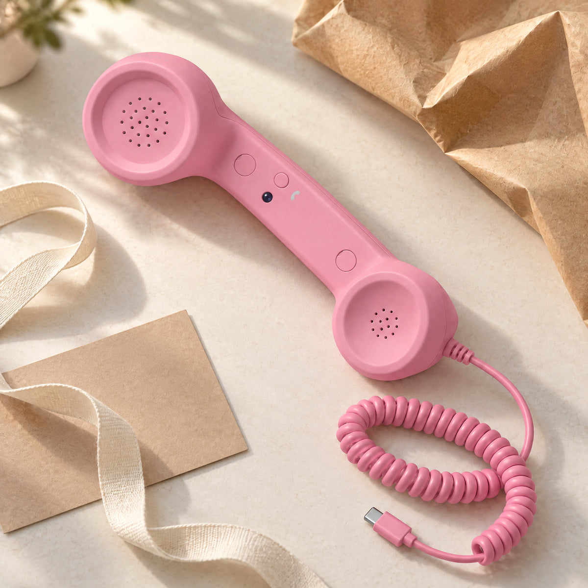 Pink corded handset with coiled cord and USB-C plug laid among kraft paper, a card and ribbon