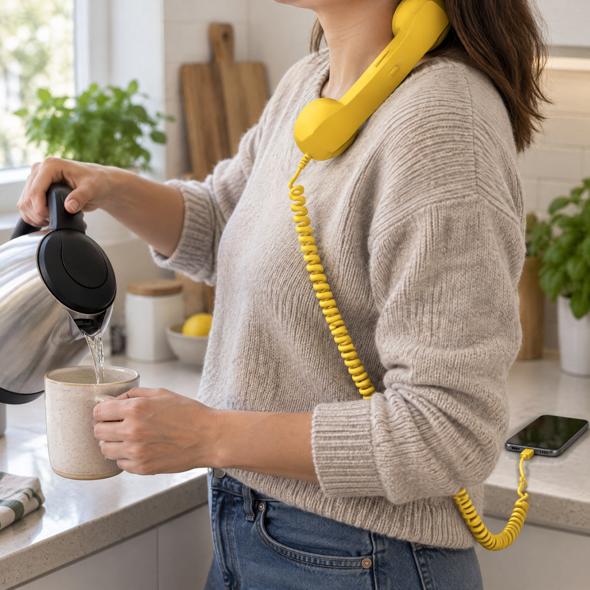 Woman cradles a yellow corded handset on her shoulder while pouring a kettle; cord runs to a phone on the counter