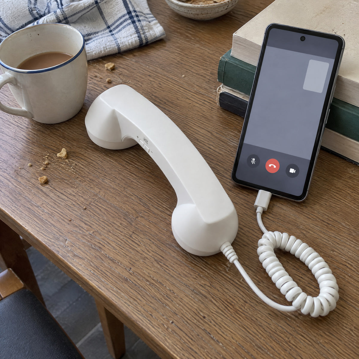 White retro handset with coiled cord connected to a propped-up phone showing a video call screen, on a kitchen table with tea